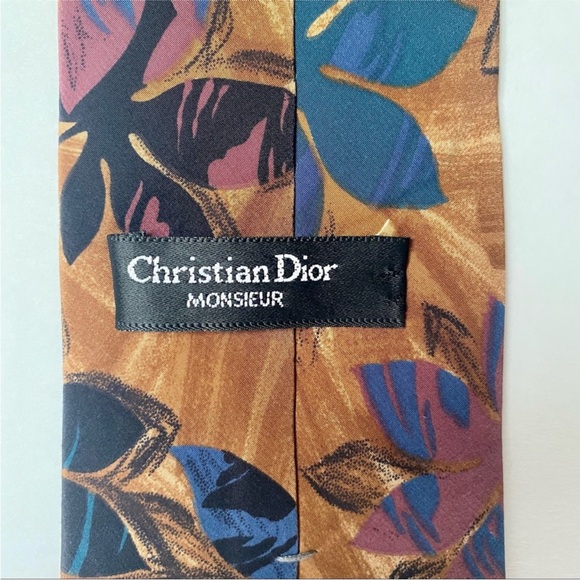 Vintage DIOR MONSIEUR Tan Abstracted Floral Classic Silk Tie - Picture 2 of 5